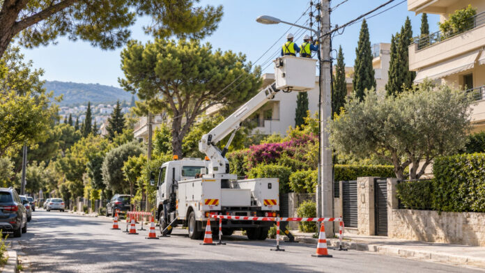 Συνεργείο ηλεκτρικού δικτύου εργάζεται σε κατοικημένο δρόμο του Αμαρουσίου