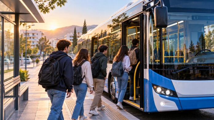 Φοιτητές επιβιβάζονται σε δημοτικό λεωφορείο νωρίς το πρωί