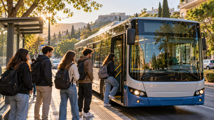 Φοιτητές με σακίδια επιβιβάζονται σε δημοτικό λεωφορείο σε πρωινή στάση