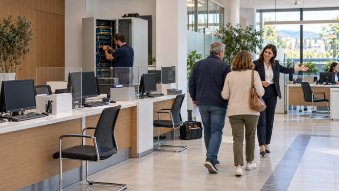 Τεχνικός εργάζεται στον εξοπλισμό Κέντρου Εξυπηρέτησης Πολιτών ενώ δημότες κατευθύνονται σε εναλλακτικό γραφείο
