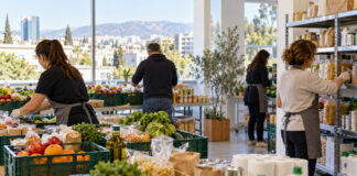Μαρούσι: Καθημερινή προσφορά προϊόντων στο Κοινωνικό Παντοπωλείο Εθελοντές οργανώνουν προϊόντα σε έναν φωτεινό χώρο κοινωνικού παντοπωλείου