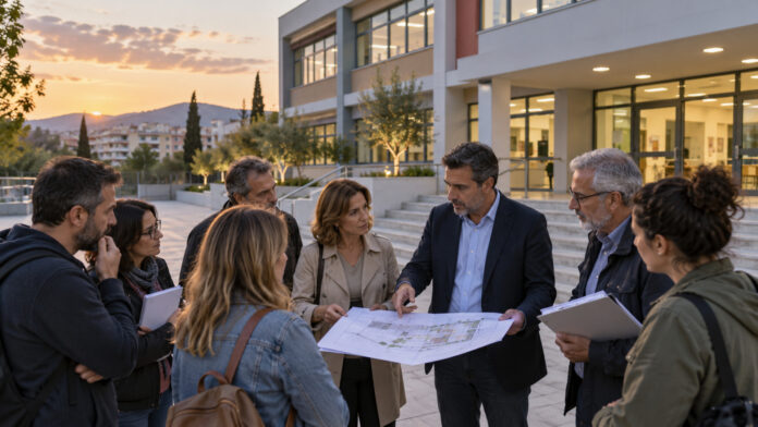 Συνάντηση κατοίκων και εκπροσώπων του Δήμου μπροστά σε σύγχρονο σχολικό κτίριο