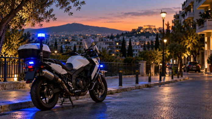 Αστυνομική μοτοσικλέτα σε αστικό δρόμο της Αθήνας κατά τις απογευματινές ώρες