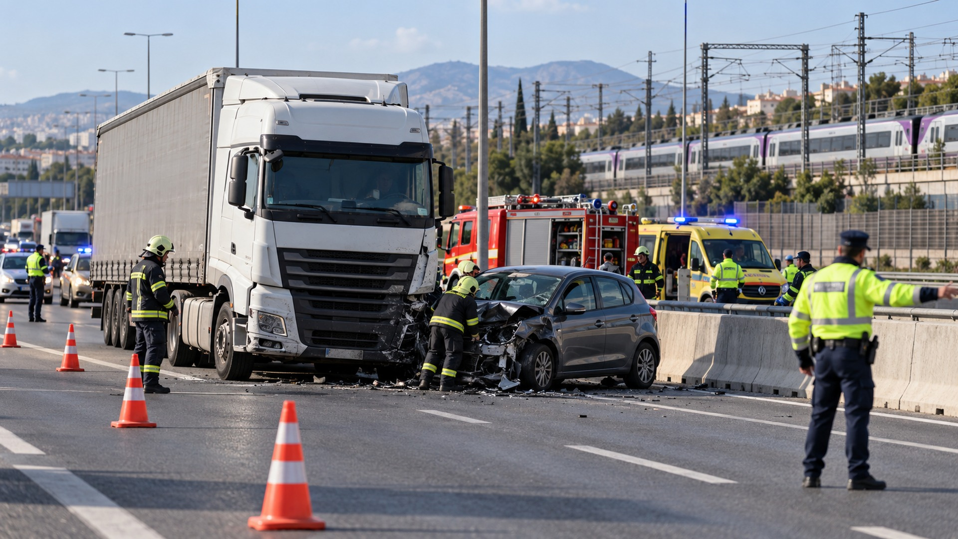 Σκηνή οδικής ασφάλειας με φορτηγό, ΙΧ και οχήματα έκτακτης ανάγκης κοντά σε σιδηροδρομική γραμμή