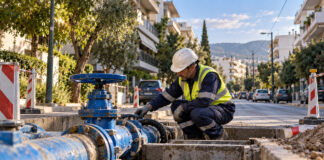 Μεταμόρφωση: Έκτακτη διακοπή νερού έως τις 18:00 Τεχνικός ύδρευσης ελέγχει αγωγό σε κατοικημένο δρόμο της Μεταμόρφωσης