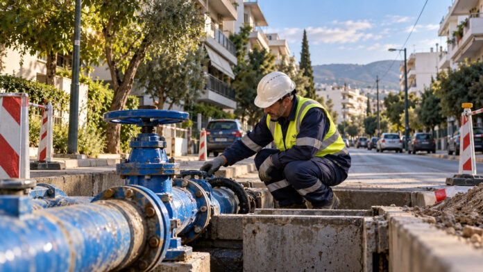 Τεχνικός ύδρευσης ελέγχει αγωγό σε κατοικημένο δρόμο της Μεταμόρφωσης