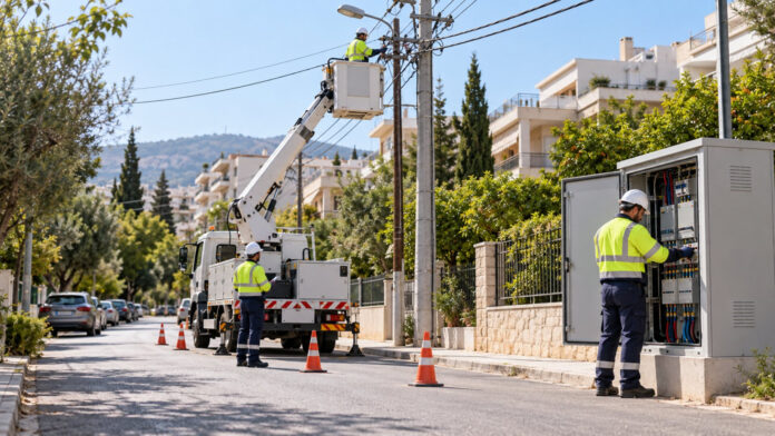 Συνεργείο δικτύου ηλεκτροδότησης εργάζεται σε κατοικημένη οδό της Μεταμόρφωσης