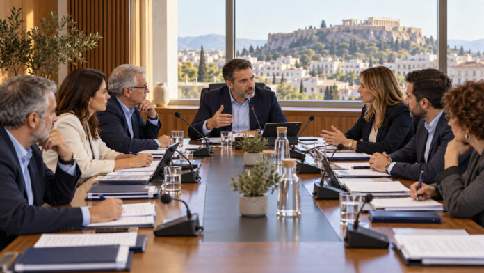 Μέλη δημοτικής επιτροπής συζητούν γύρω από τραπέζι συνεδριάσεων