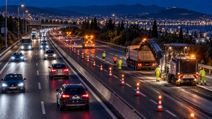 Νυχτερινές εργασίες και κώνοι κυκλοφορίας σε μεγάλο αυτοκινητόδρομο με ανοιχτές τις υπόλοιπες λωρίδες