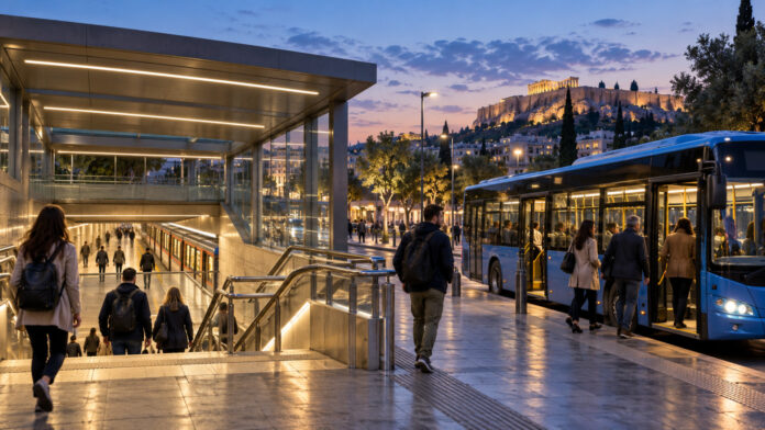 Επιβάτες μετακινούνται ανάμεσα σε σταθμό μετρό και προσωρινή λεωφορειακή σύνδεση το βράδυ