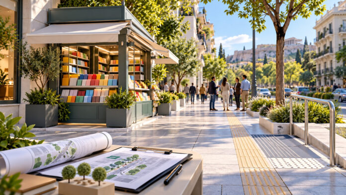 Σύγχρονο περίπτερο δίπλα σε ελεύθερη όδευση πεζών και σχέδια ανάπλασης κοινόχρηστου χώρου