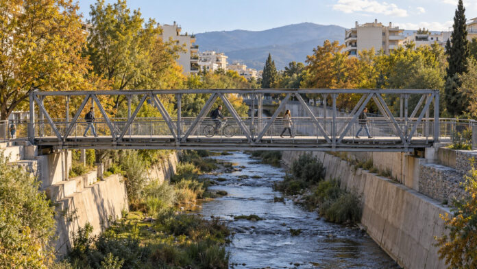 Μεταλλική πεζογέφυρα πάνω από αστικό ποτάμι με πεζούς και ποδηλάτη