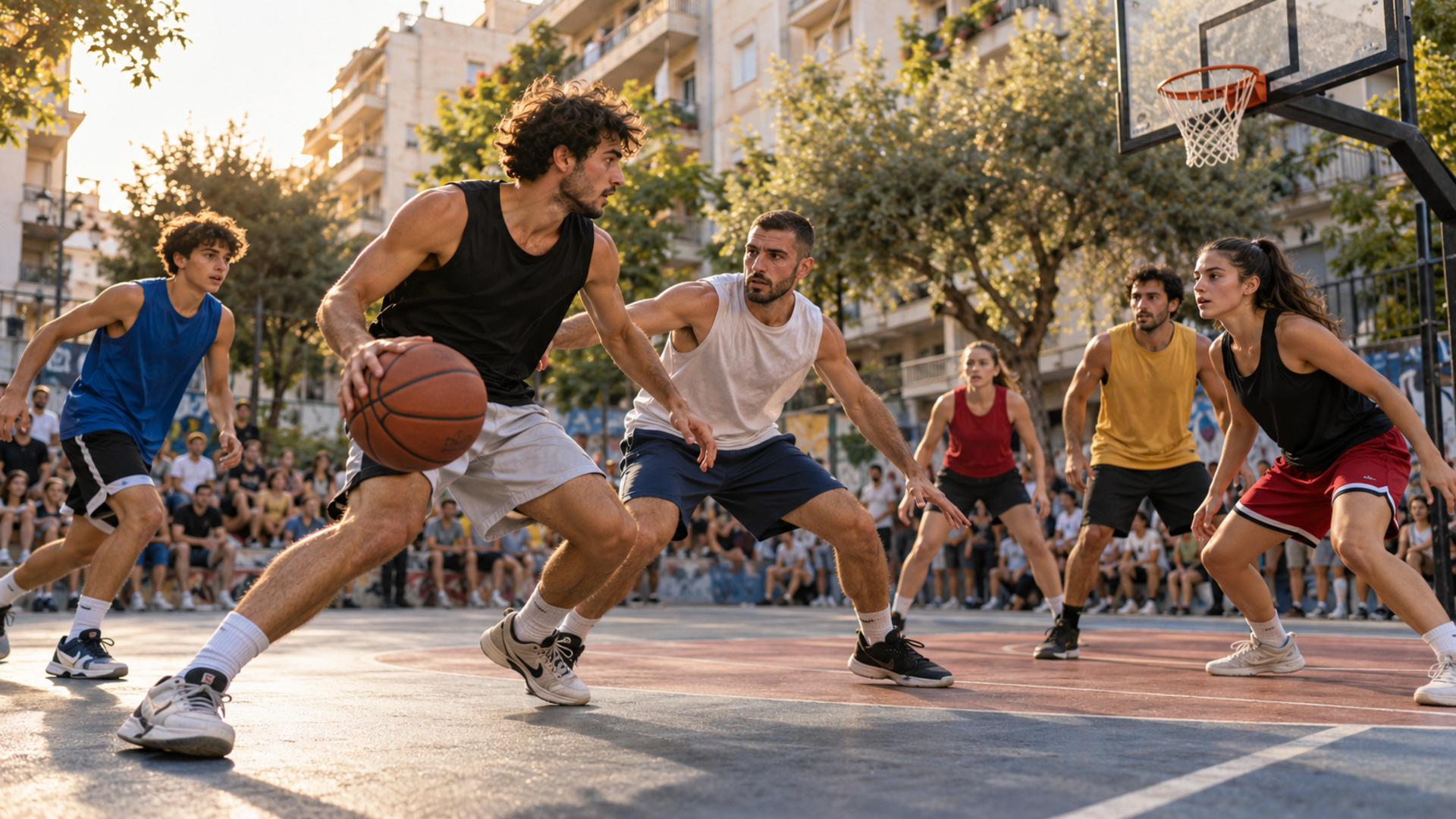 Αθλητές παίζουν μπάσκετ τριών εναντίον τριών σε υπαίθριο γήπεδο γειτονιάς