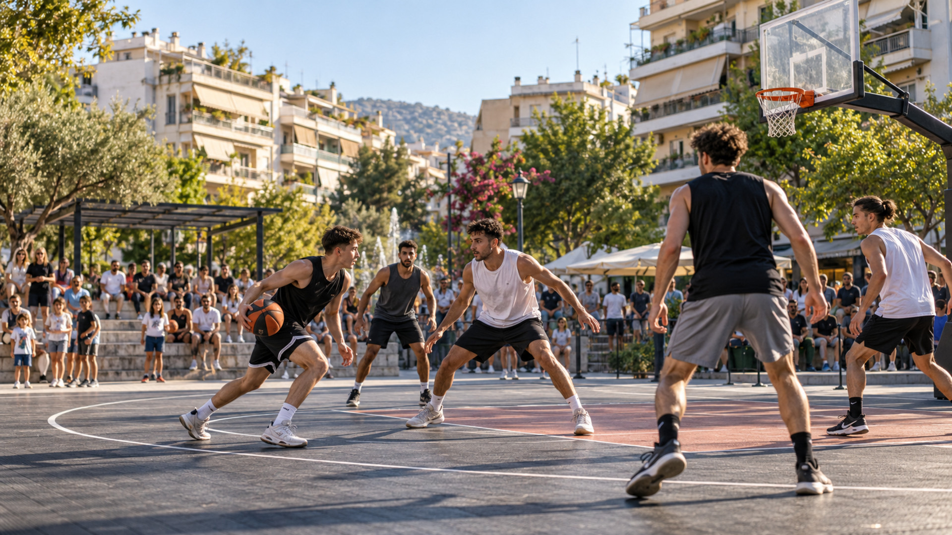 Αγώνας μπάσκετ 3×3 σε ανοιχτό γήπεδο αστικής γειτονιάς με θεατές