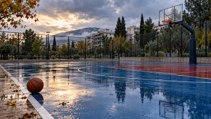 Ανακατασκευασμένο ανοιχτό γήπεδο μπάσκετ με βρεγμένο αγωνιστικό χώρο μετά τη βροχή