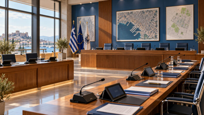 Αίθουσα συνεδριάσεων δημοτικής επιτροπής με φακέλους και σχέδια πόλης