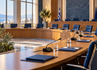 Νέα Ιωνία: Στο τραπέζι επιχορηγήσεις 10.000 ευρώ και δωρεές Αίθουσα δημοτικής επιτροπής με έδρανα, φακέλους και μικρόφωνα πριν από συνεδρίαση