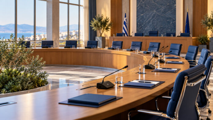 Αίθουσα δημοτικής επιτροπής με έδρανα, φακέλους και μικρόφωνα πριν από συνεδρίαση