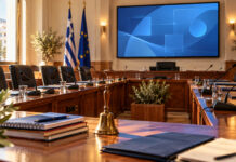 Νέα Ιωνία: Έκτακτη συνεδρίαση για την προσωνυμία του 3ου Γυμνασίου Αίθουσα δημοτικού συμβουλίου με μικρόφωνα, φακέλους και εξοπλισμό τηλεδιάσκεψης