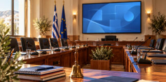 Νέα Ιωνία: Έκτακτη συνεδρίαση για την προσωνυμία του 3ου Γυμνασίου Αίθουσα δημοτικού συμβουλίου με μικρόφωνα, φακέλους και εξοπλισμό τηλεδιάσκεψης