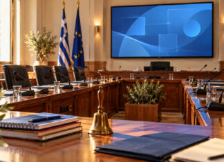 Νέα Ιωνία: Έκτακτη συνεδρίαση για την προσωνυμία του 3ου Γυμνασίου Αίθουσα δημοτικού συμβουλίου με μικρόφωνα, φακέλους και εξοπλισμό τηλεδιάσκεψης