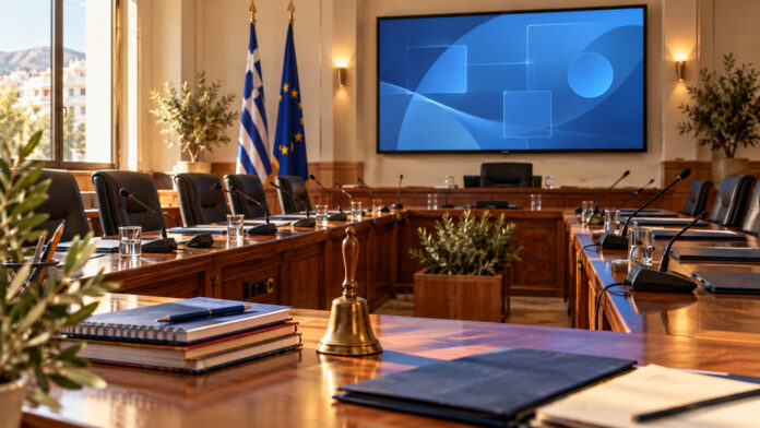 Αίθουσα δημοτικού συμβουλίου με μικρόφωνα, φακέλους και εξοπλισμό τηλεδιάσκεψης
