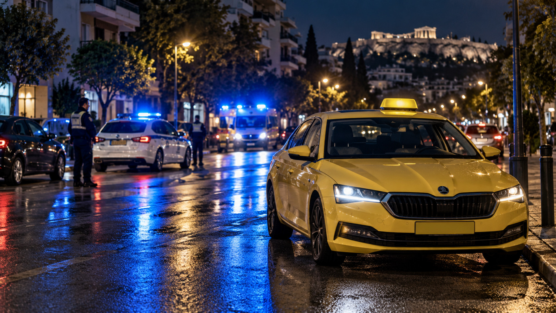 Κίτρινο ταξί και αστυνομικά οχήματα σε φωτισμένο δρόμο τη νύχτα