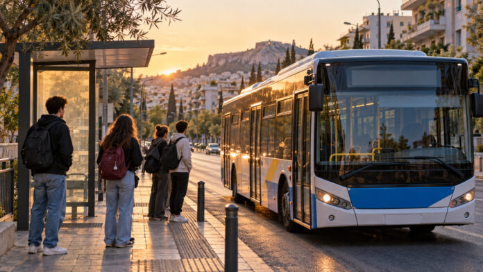 Φοιτητές με σακίδια περιμένουν αστικό λεωφορείο νωρίς το πρωί