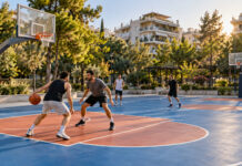 Νέα Ιωνία: Εγκαίνια για το ανακατασκευασμένο γήπεδο μπάσκετ στον Περισσό Ανακατασκευασμένο ανοιχτό γήπεδο μπάσκετ σε αστική πλατεία με αθλητές στην προπόνηση