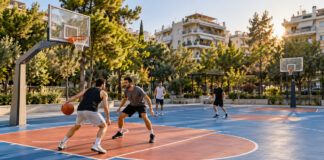 Νέα Ιωνία: Εγκαίνια για το ανακατασκευασμένο γήπεδο μπάσκετ στον Περισσό Ανακατασκευασμένο ανοιχτό γήπεδο μπάσκετ σε αστική πλατεία με αθλητές στην προπόνηση