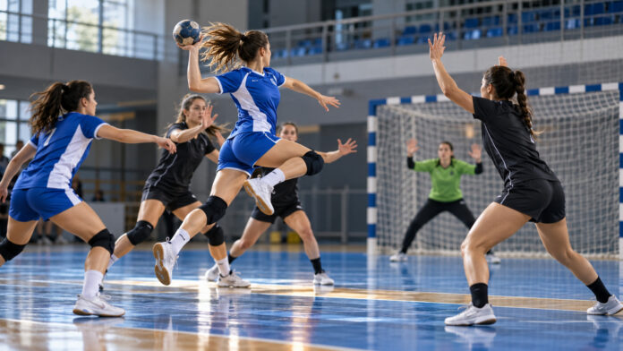 Φάση αγώνα γυναικείου χάντμπολ σε κλειστό γήπεδο