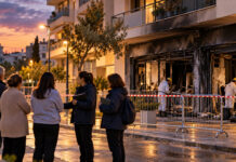 Νέα Ιωνία: Δέκα ημέρες δωρεάν στέγασης μετά την πυρκαγιά στην Κασταμονής Κοινωνικοί λειτουργοί συνομιλούν με κατοίκους έξω από πολυκατοικία με ζημιές στο ισόγειο