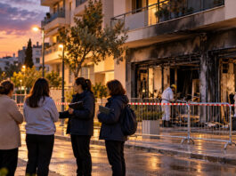 Νέα Ιωνία: Δέκα ημέρες δωρεάν στέγασης μετά την πυρκαγιά στην Κασταμονής Κοινωνικοί λειτουργοί συνομιλούν με κατοίκους έξω από πολυκατοικία με ζημιές στο ισόγειο