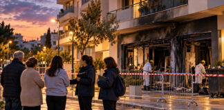 Νέα Ιωνία: Δέκα ημέρες δωρεάν στέγασης μετά την πυρκαγιά στην Κασταμονής Κοινωνικοί λειτουργοί συνομιλούν με κατοίκους έξω από πολυκατοικία με ζημιές στο ισόγειο