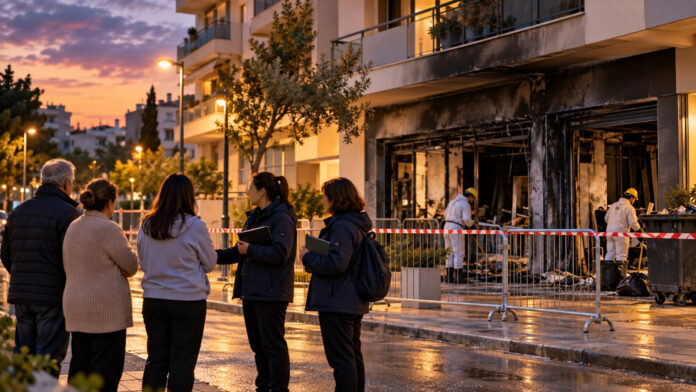 Κοινωνικοί λειτουργοί συνομιλούν με κατοίκους έξω από πολυκατοικία με ζημιές στο ισόγειο