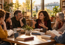 Νέα Ιωνία: Κάθε πρώτη Δευτέρα η Λέσχη Ανάγνωσης Ομάδα ενηλίκων συζητά βιβλία γύρω από τραπέζι σε φωτεινή δημοτική βιβλιοθήκη