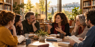 Νέα Ιωνία: Κάθε πρώτη Δευτέρα η Λέσχη Ανάγνωσης Ομάδα ενηλίκων συζητά βιβλία γύρω από τραπέζι σε φωτεινή δημοτική βιβλιοθήκη