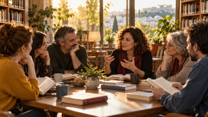 Ομάδα ενηλίκων συζητά βιβλία γύρω από τραπέζι σε φωτεινή δημοτική βιβλιοθήκη