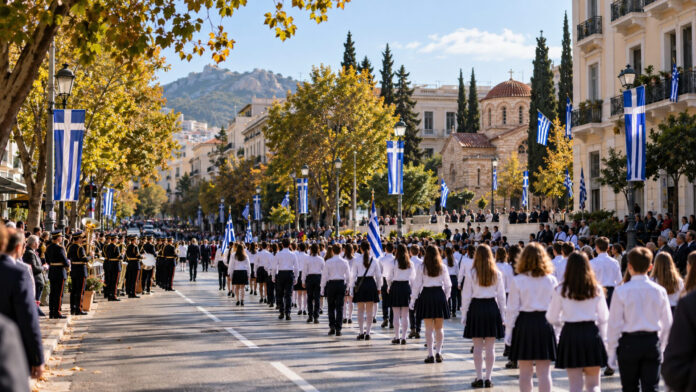Μαθητική παρέλαση σε δενδροφυτεμένη λεωφόρο με ελληνικές σημαίες και φιλαρμονική