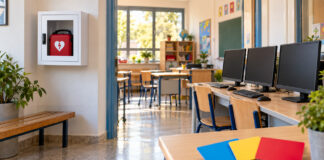 Νέα Ιωνία: Απινιδωτής και εξοπλισμός για τρία σχολεία στην Επιτροπή Απινιδωτής, τρεις οθόνες υπολογιστών και κάρτες εξοπλισμού σε φωτεινό σχολικό χώρο