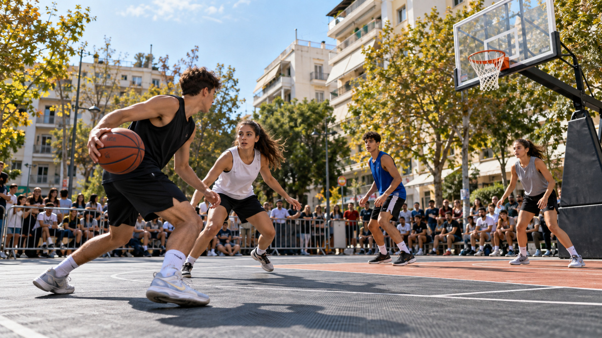 Νέοι αθλητές αγωνίζονται σε υπαίθριο γήπεδο μπάσκετ τριών εναντίον τριών μέσα σε αστική γειτονιά