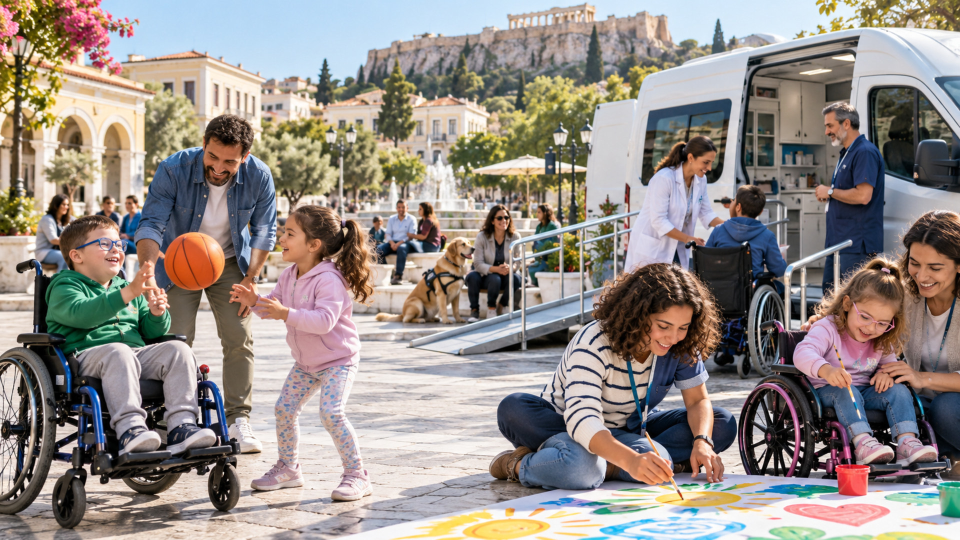 Παιδιά και οικογένειες συμμετέχουν σε προσβάσιμη κοινοτική δράση υποστήριξης