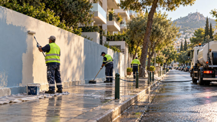 Συνεργείο καθαρίζει πεζοδρόμιο και αποκαθιστά τοίχο σε αστικό δρόμο