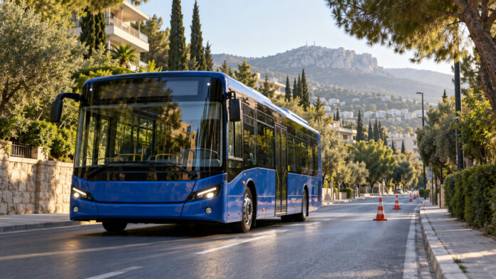 Μπλε αστικό λεωφορείο σε δενδροφυτεμένη λεωφόρο των βορείων προαστίων με προσωρινή κυκλοφοριακή ρύθμιση