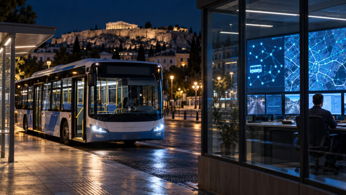 Λεωφορείο τη νύχτα δίπλα σε κέντρο ελέγχου τηλεματικής αστικών συγκοινωνιών