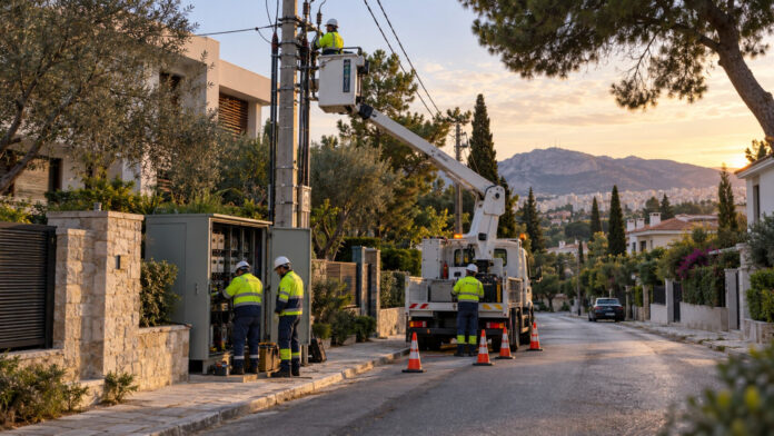 Συνεργείο ηλεκτροδότησης εργάζεται σε κατοικημένο δρόμο των βορείων προαστίων