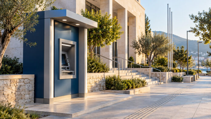 Αυτόματο ταμειολογιστικό μηχάνημα δίπλα σε σύγχρονο δημοτικό κτίριο