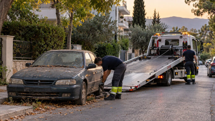 Συνεργείο προετοιμάζει την απομάκρυνση παλιού εγκαταλελειμμένου αυτοκινήτου από αστικό δρόμο
