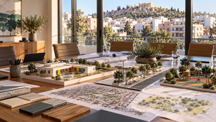 Μακέτες νηπιαγωγείου, δρόμου και παιδικής χαράς πάνω σε τραπέζι σχεδιασμού έργων