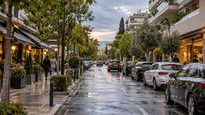 Οργανωμένες θέσεις στάθμευσης σε αστικό δρόμο με καταστήματα και κατοικίες